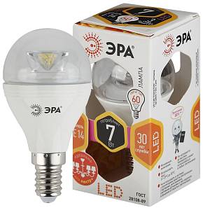 Лампочка светодиодная ЭРА Clear LED P45-7W-827-E14-Clear E14 / Е14 7Вт шар теплый белый свет